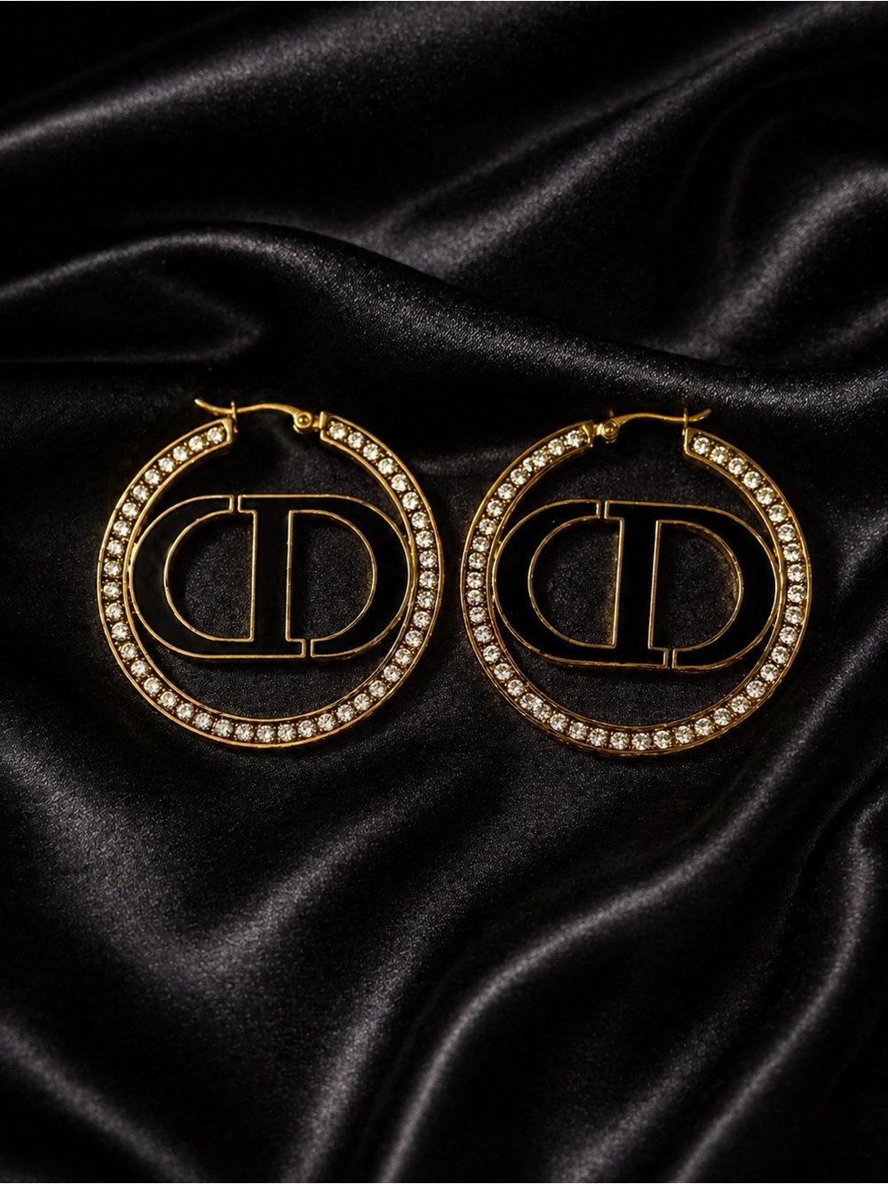 18K Gold Crystal Hoop Earrings with CD Motif - Picture 4 of 7